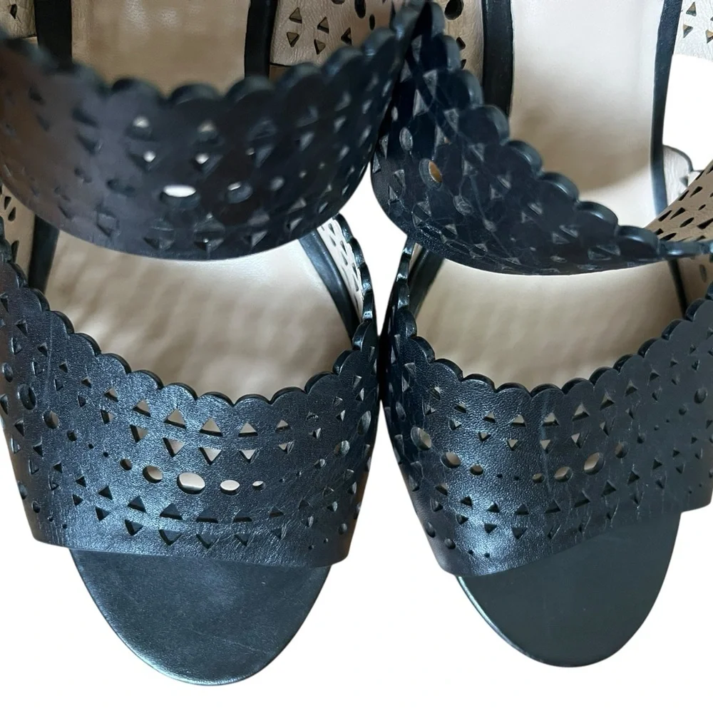 Tory Burch Black Leather Perforated Gladiator Wedge Sandals Size 11 Excellent